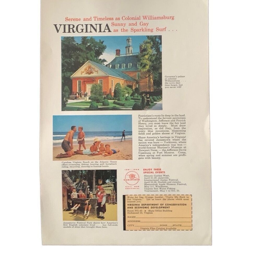Vintage 1962 Virginia Serene and Timeless Ad Advertisement